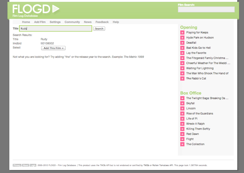 The original Film Log Database search page